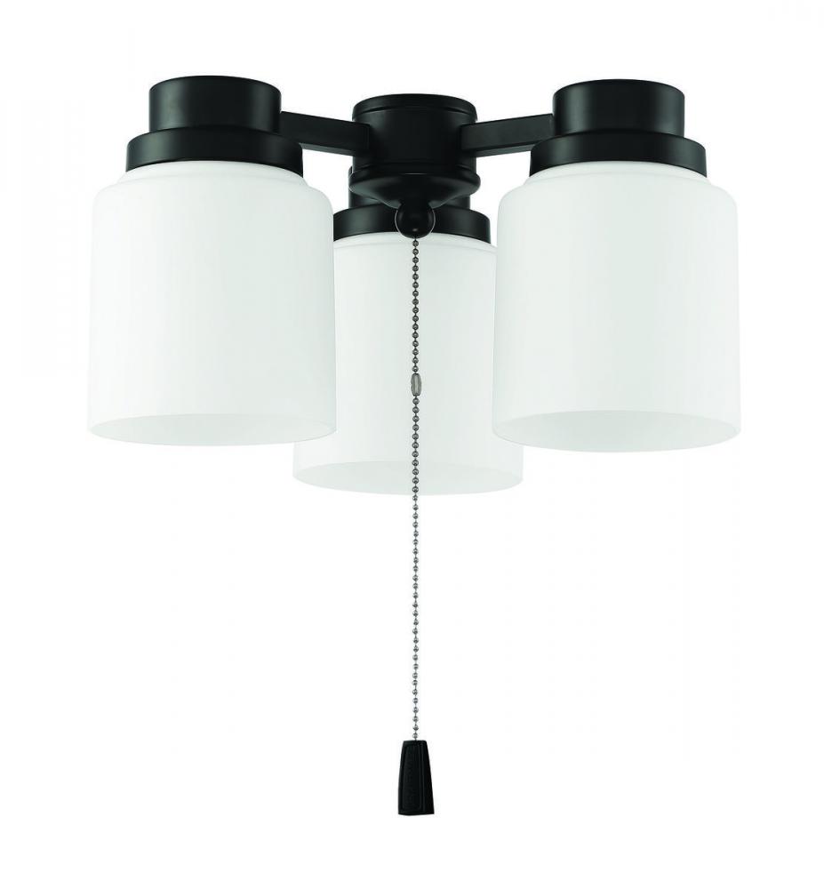 3 Light Universal Energy Star Fan Light Kit in Flat Black w White Glass