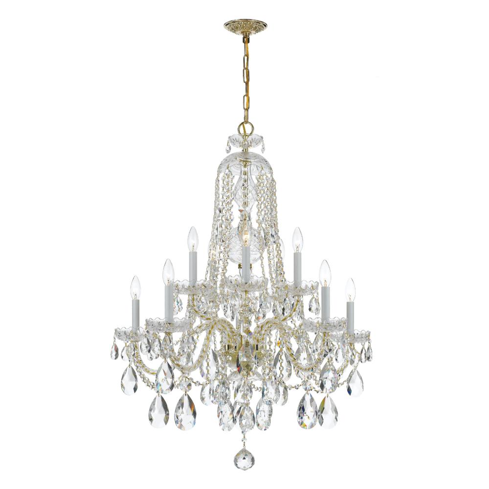Traditional Crystal 10 Light Hand Cut Crystal Polished Brass Chandelier
