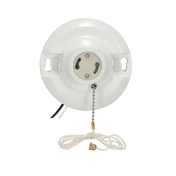 White Phenolic GU24 On-Off Pull Chain Ceiling Receptacle; 6" AWM B/W Leads 105C; 4-1/2"