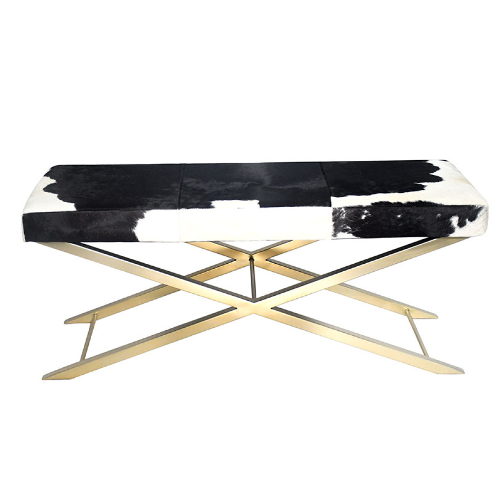 Gold Stainless Steel Bench With Black And White Hairline Leather