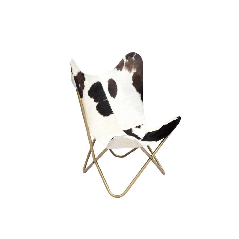 Gold Stainless Steel Chair With Black And White Hairline Leather