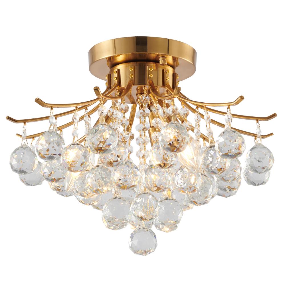 3-Light Satin Brass Metal Flush Mount With Clear Crystals