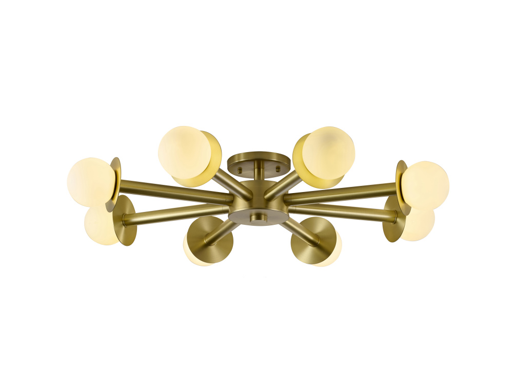 8-Light Satin Brass Flush Mount With White Glass Globe Shades