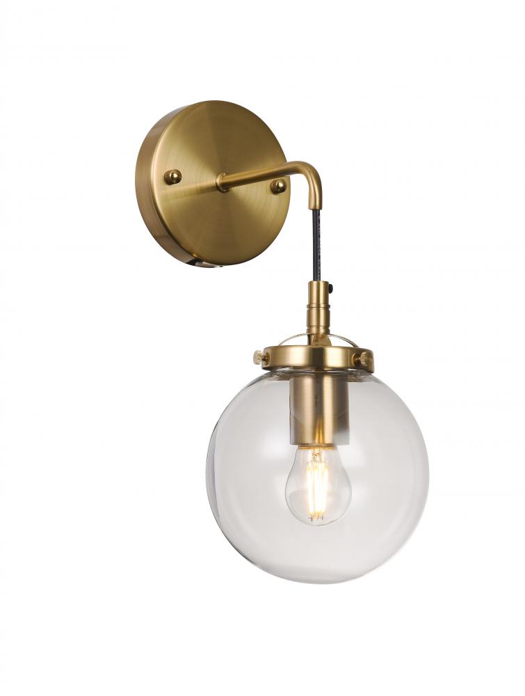 1-Light Brass Wall Sconce With A Clear Glass Globe Shade