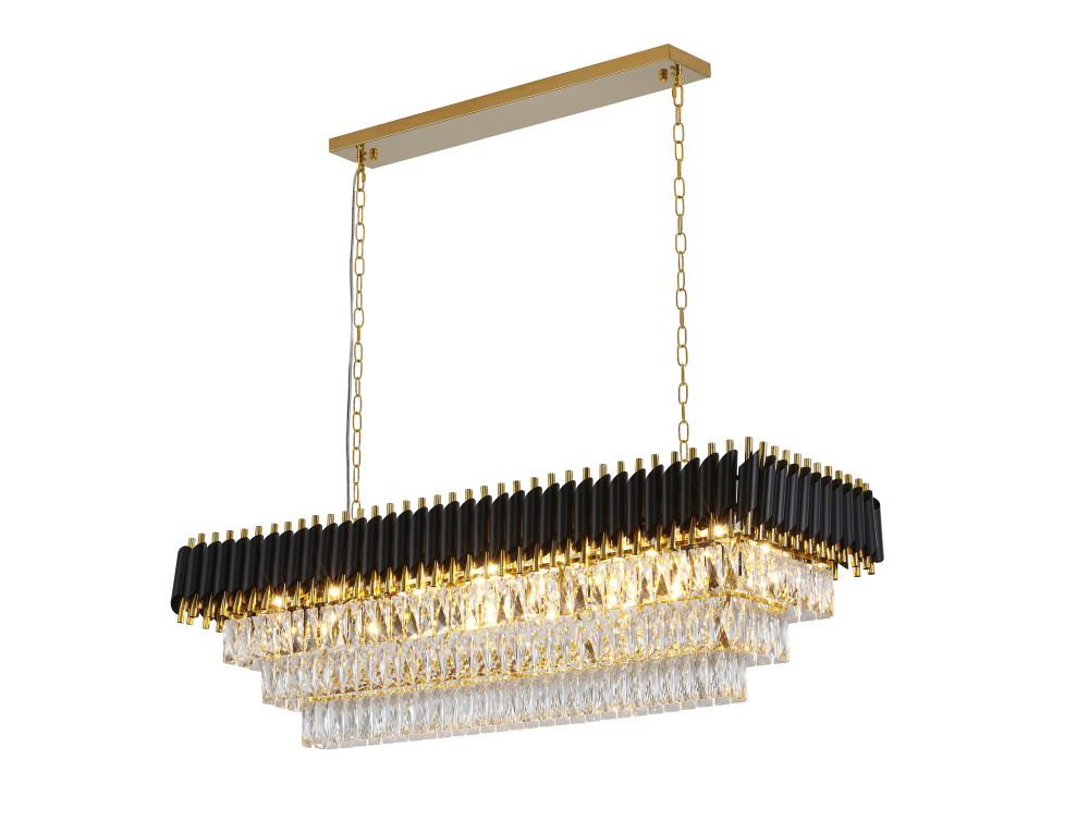 14-Light black and gold chandelier with clear hanging crystal in a rectangular shape