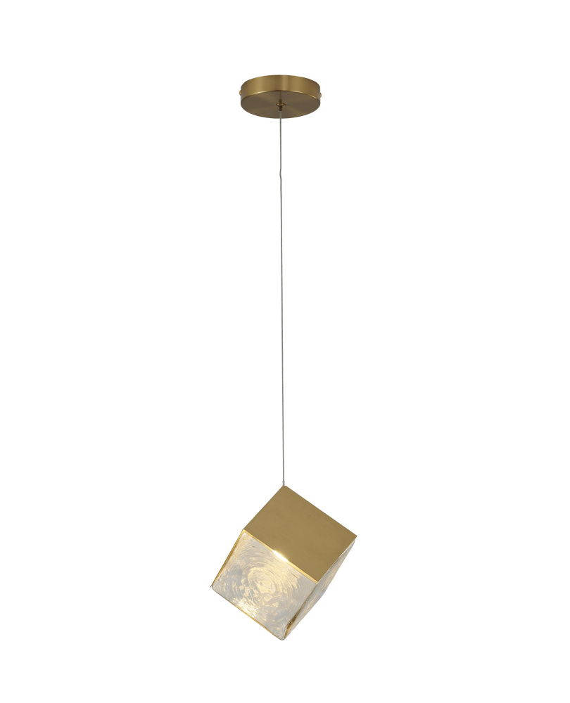 1-Light Brass Cubed Pendant With A Clear Distorted Glass Shade