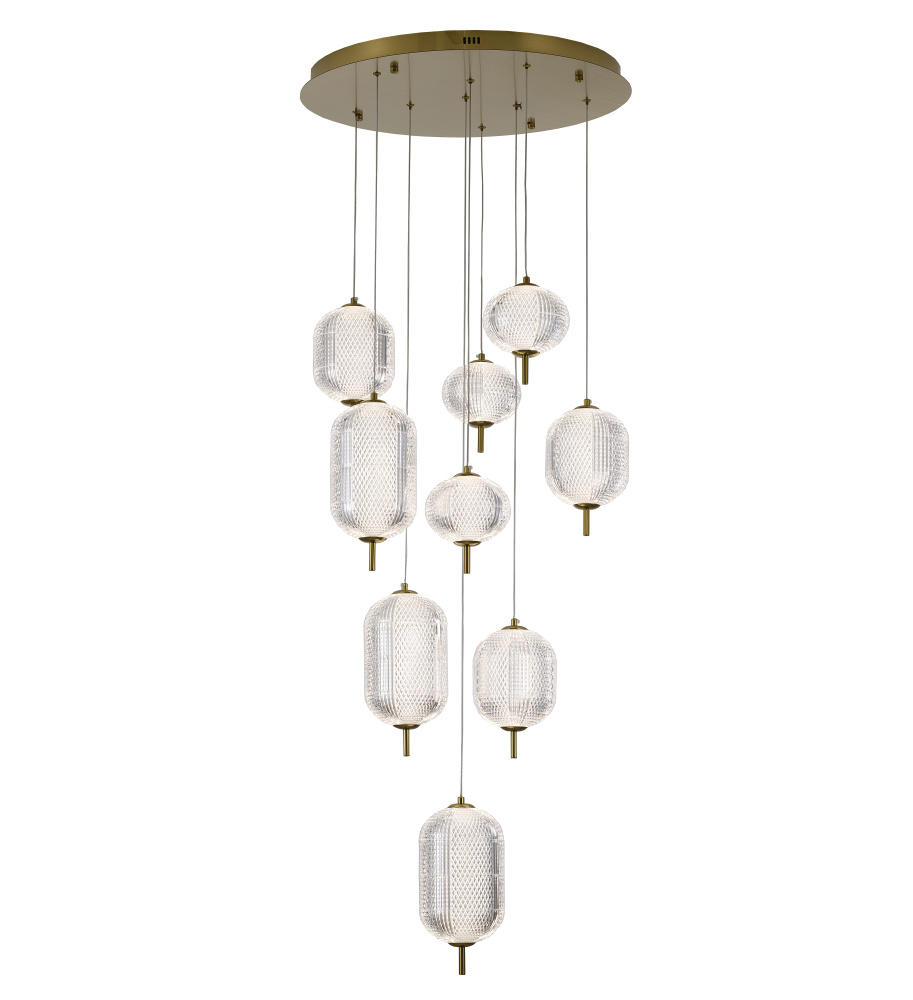 9-Light Flushed Brass Dimmable LED Chandelier With Hanging Clear  PC shades