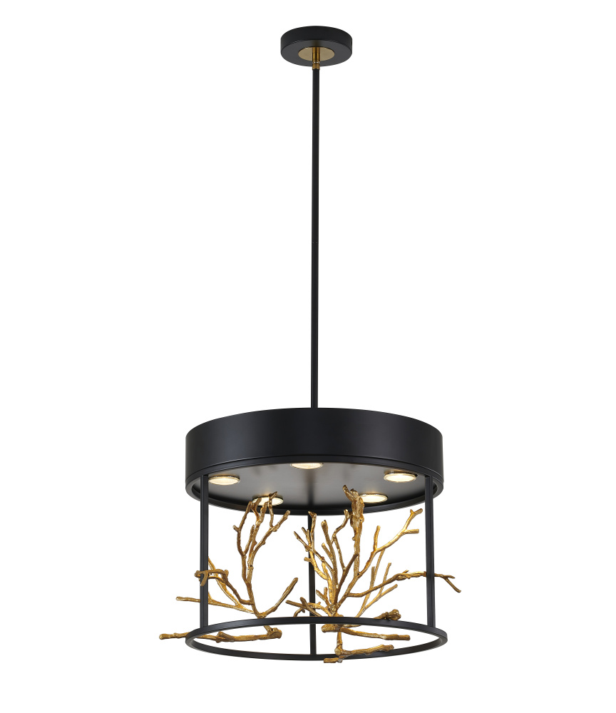 5-Light Matte Black Pendant With Gold Branch Accents