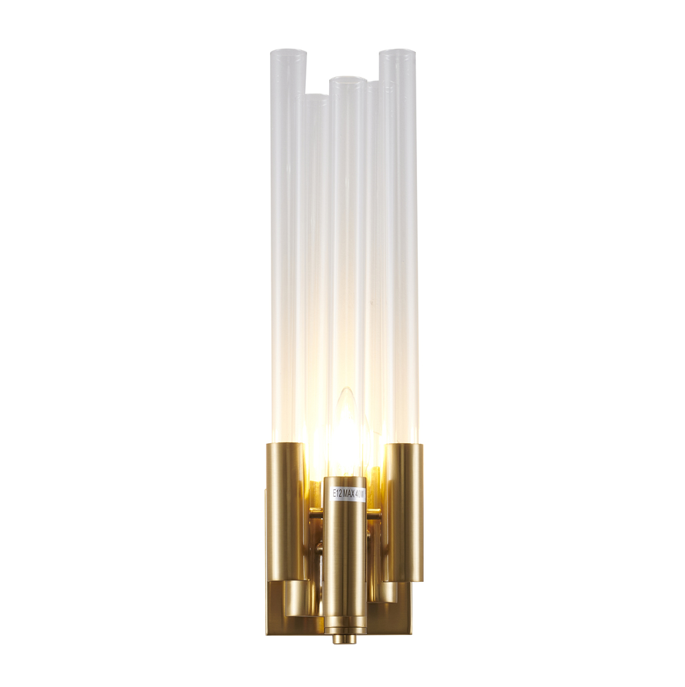 1-Light Gold Metal Wall Sconce With Clear Glass Rods