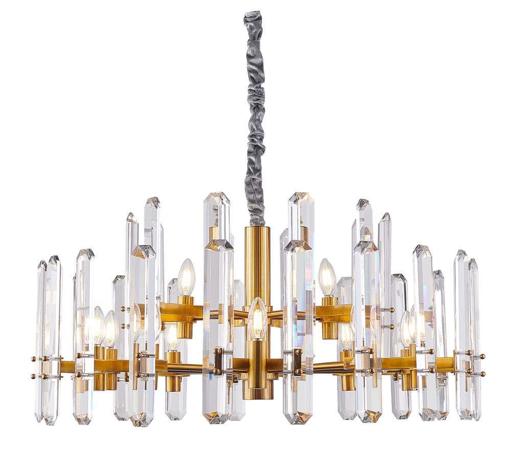 15-Light Gold Chandelier With Clear Crystal Plaques