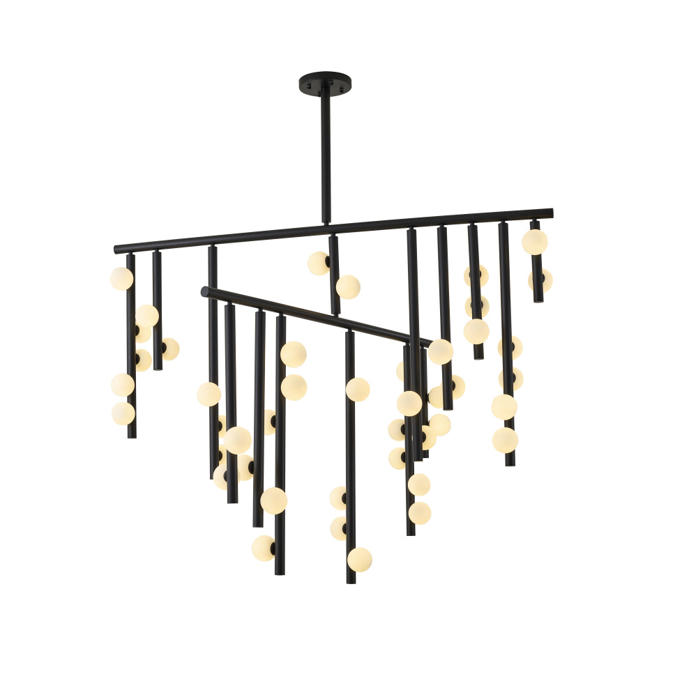 44-Light Matte Black Metal Chandelier With White Glass Ball Shades