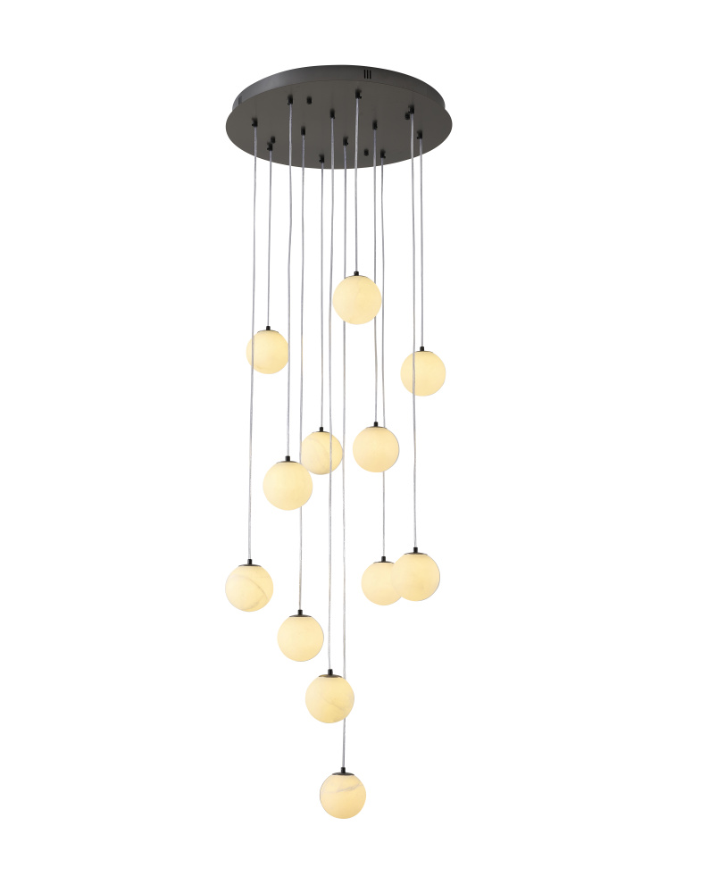 12-Light Black Stainless Steel Chandelier With Alabaster Pendants