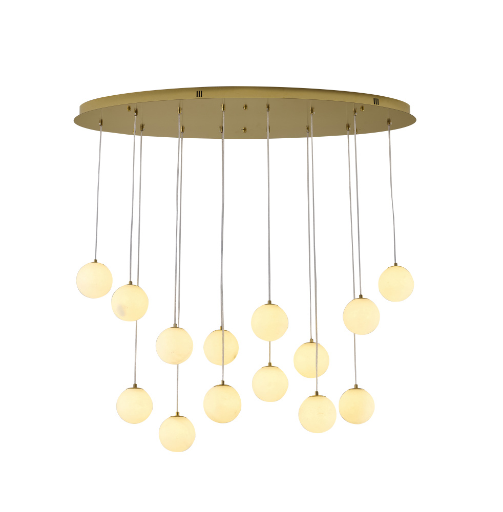 14-Light Brass Stainless Steel Chandelier With Alabaster Pendants