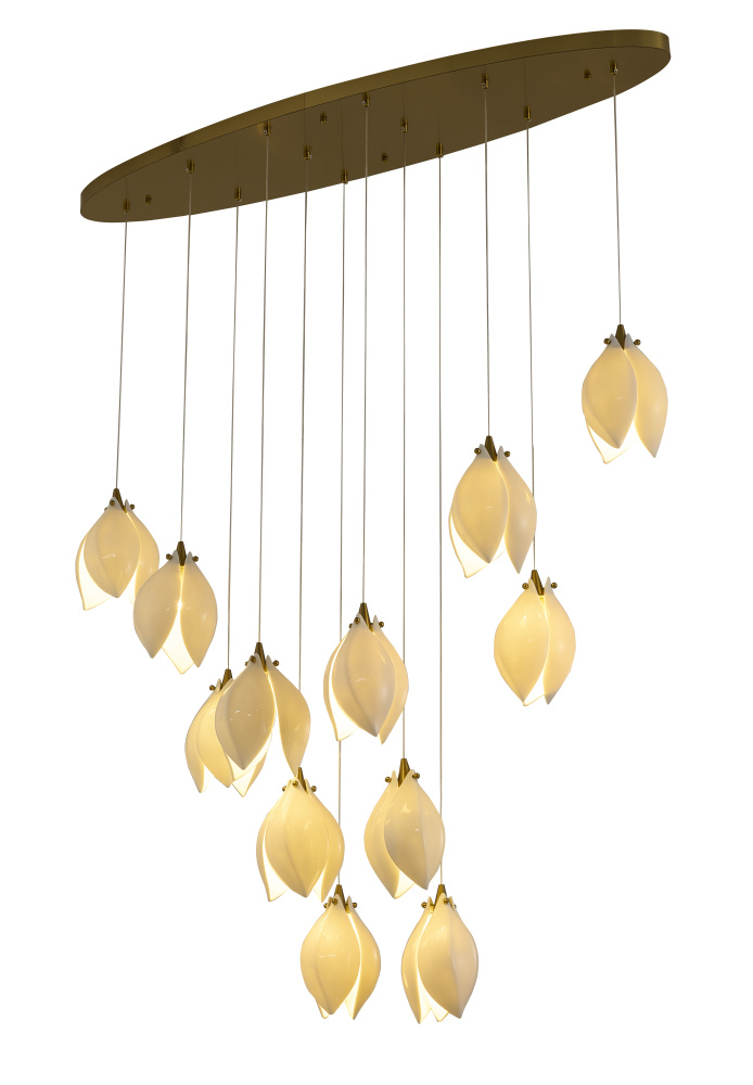 12-Light Bronze Single Pendant With Cream Ceramic Flowers