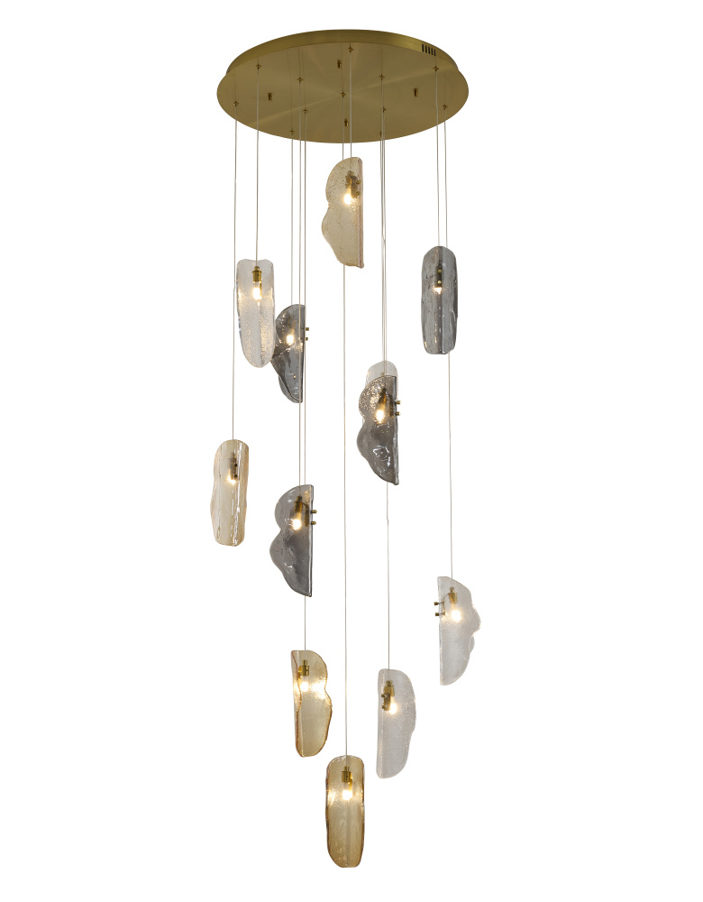 12-Light Brass Chandelier With Clear, Smoke, And Amber Glass Accents