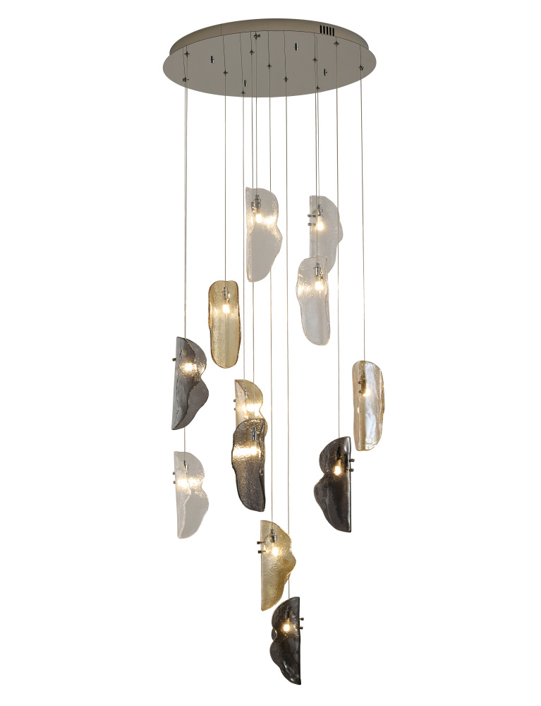 12-Light Chrome Chandelier With Clear, Smoke, And Amber Glass Accents