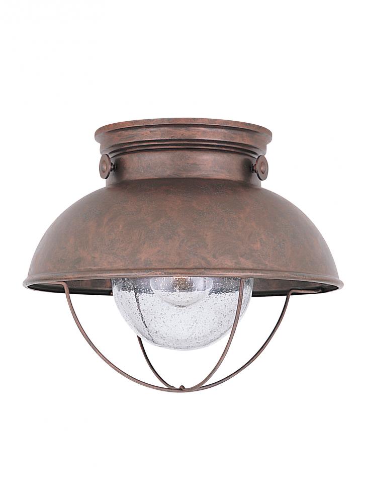 Sebring transitional 1-light outdoor exterior ceiling flush mount in weathered copper finish with cl