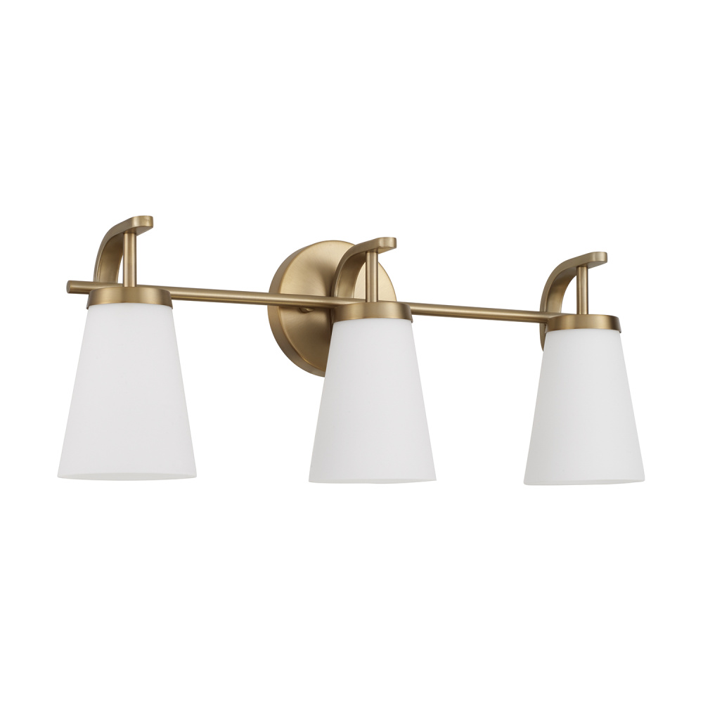23" W x 9" H 3-Light Vanity in Aged Brass with Tapered Soft White Glass