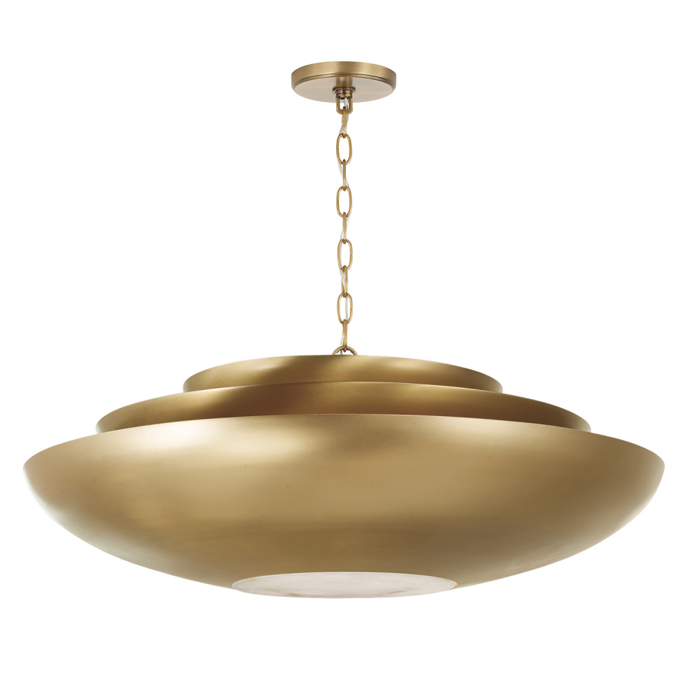 29.5" W x 11.5" H 1-Light Modern Tiered Bowl Pendant in Aged Brass with Real Alabaster Diffu