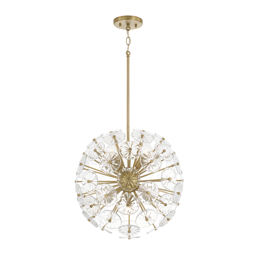 18" W x 18.25" H 8-Light Starburst Pendant in Matte Brass with Patterned Glass Petals