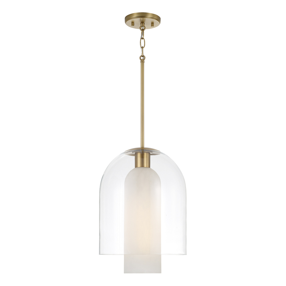 12" W x 16.5" H 1-Light Pendant in Aged Brass with Faux Alabaster Glass and Clear Glass Cloc