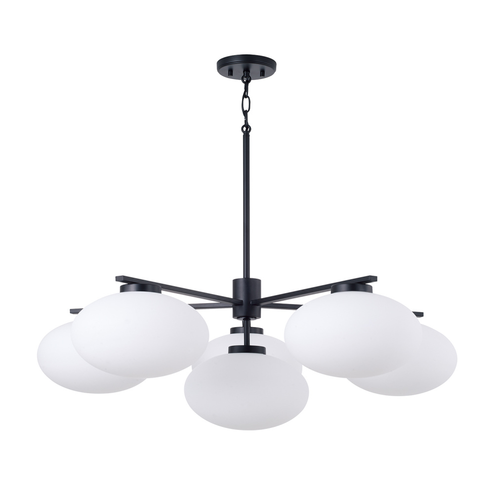 37" W x 12.25" H 6-Light Chandelier in Matte Black with Soft White Glass Oval Globes