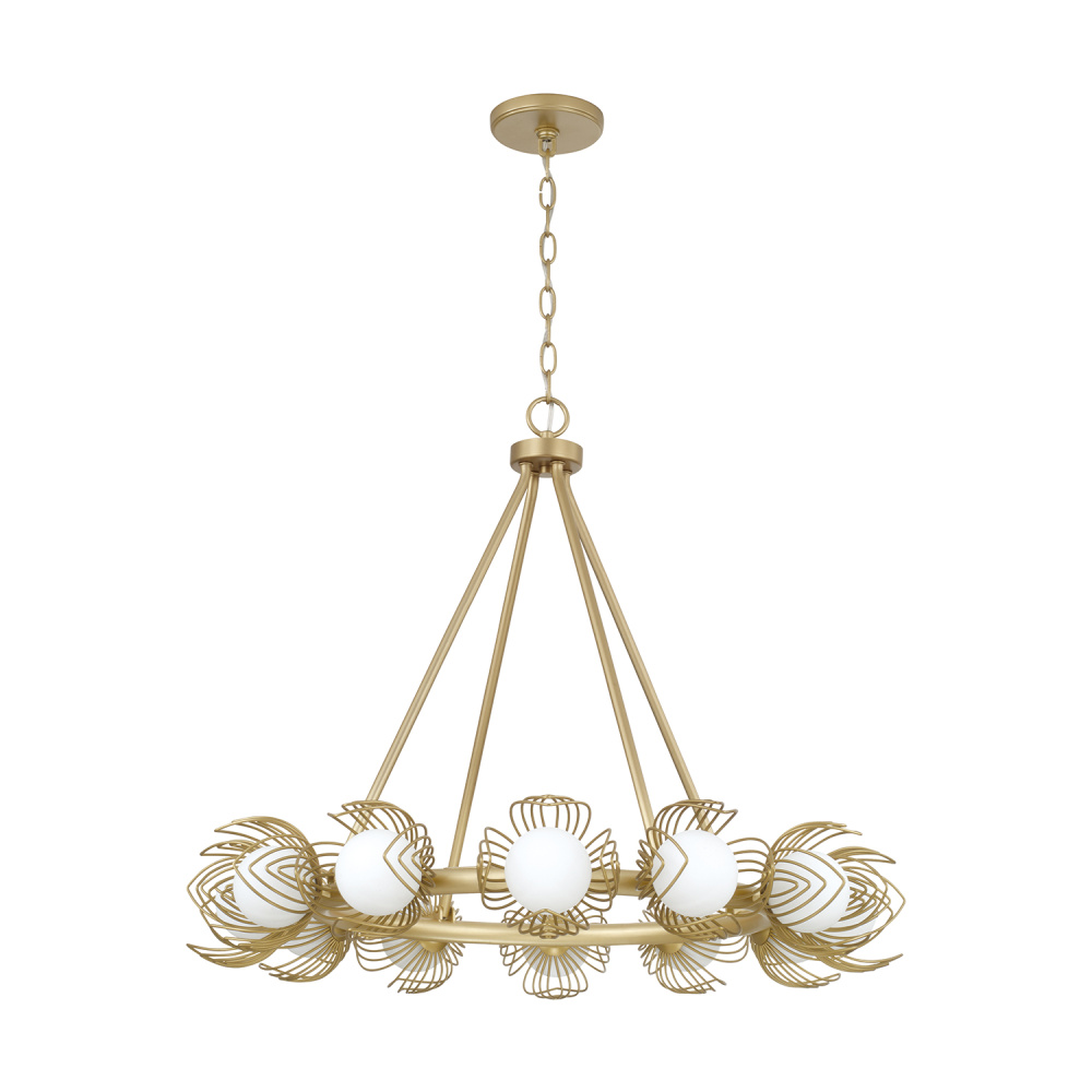 29" W x 25" H 12-LT Chandelier in Buffed Gold w/ Bent Wire Flower Petals & Soft White Glass