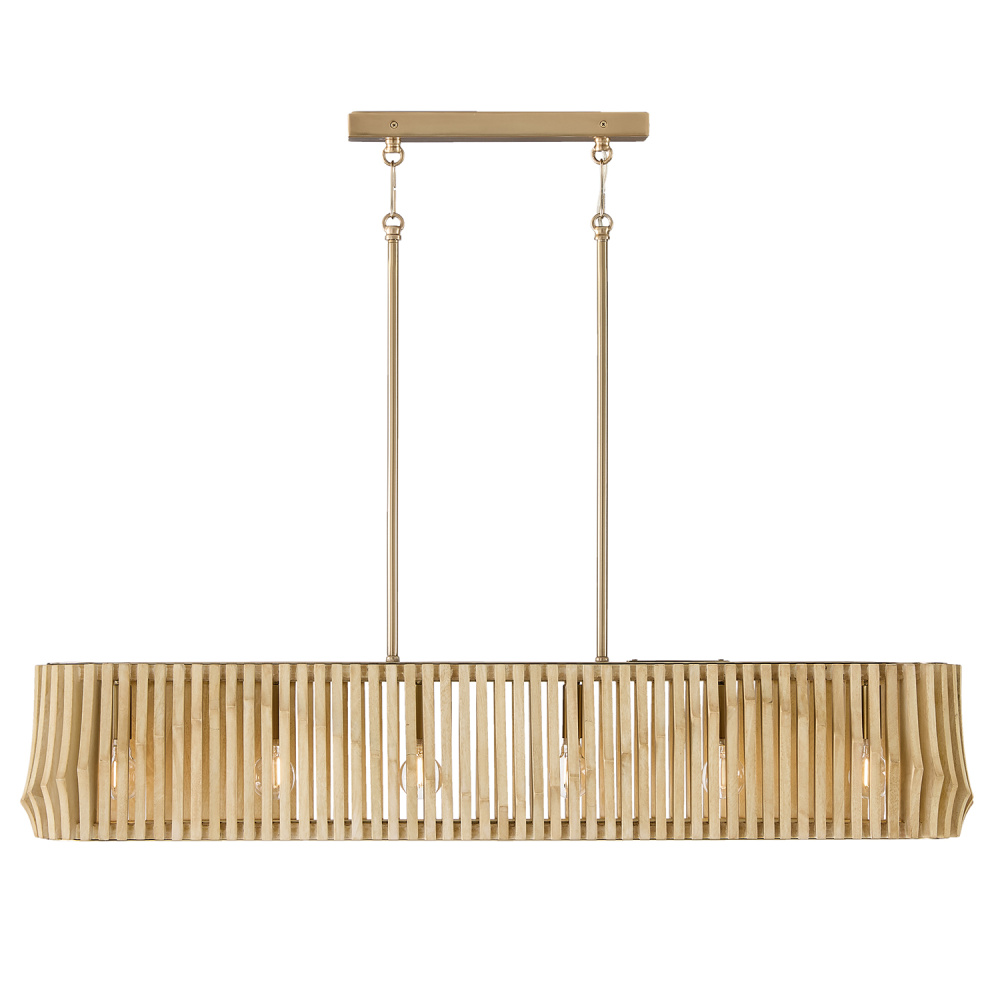 41" W x 7.5" H 6-Light Linear Chandelier in Matte Brass and Handcrafted Blonde Mango Wood
