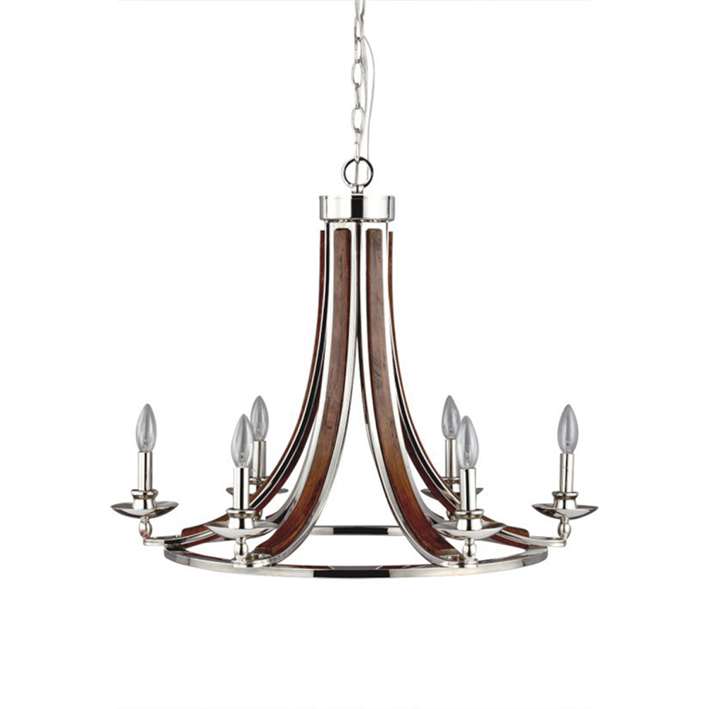 Solstice 28" 6-Light, Wooden Candle Chandelier in Polished Nickel