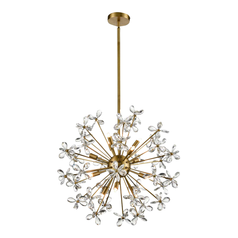 8-Light Floral Crystal Pedal Sputnik Aged Brass Pendant Light