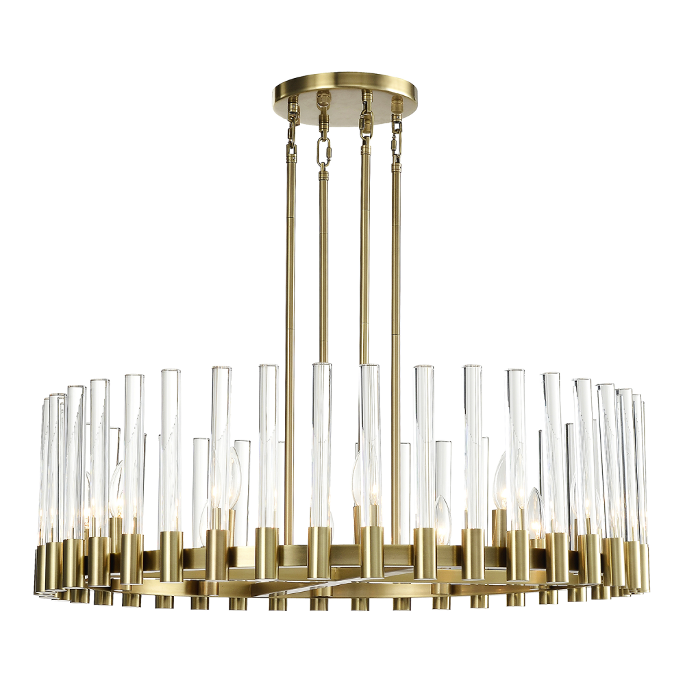 Julian 32" 12-Light, Round Glass Stem Chandelier in Aged Brass