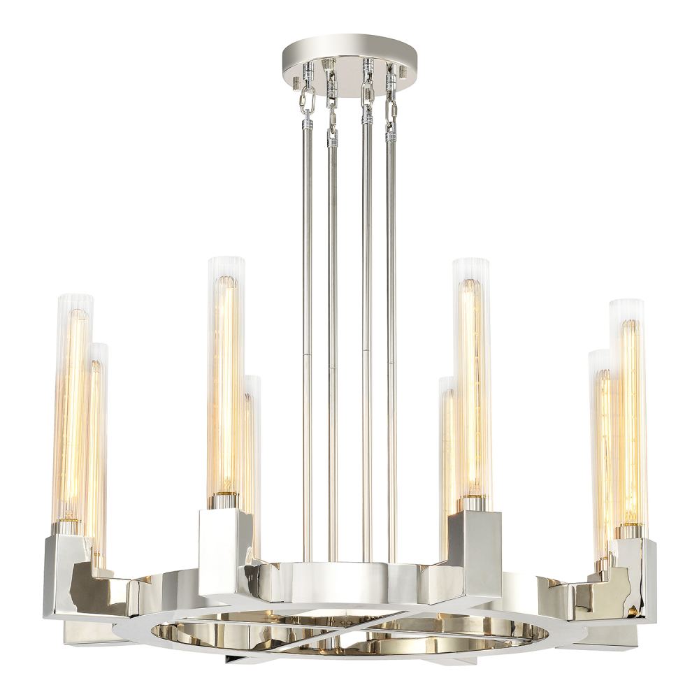 Placid 32" 8-Light, Fluted Glass Round Chandelier in Polished Nickel