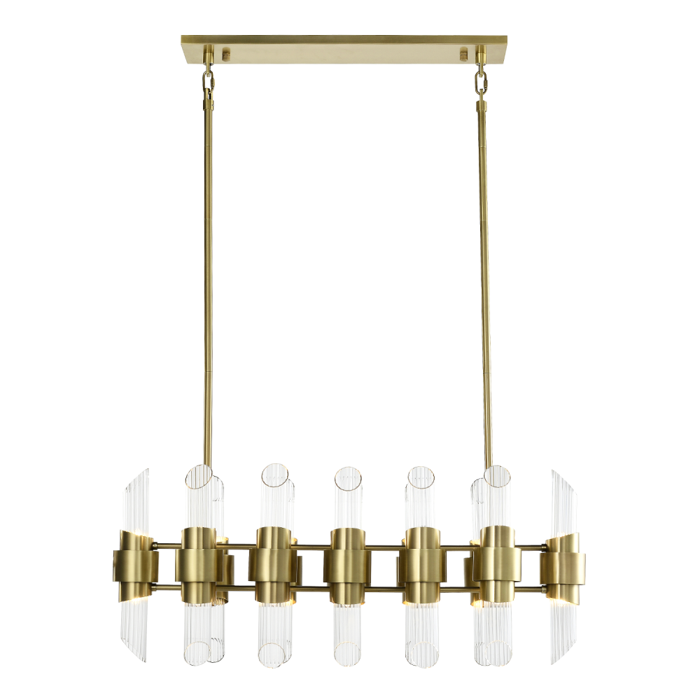 Pillar 36" 24-Light, Duo Linear Glass Chandelier in Aged Brass