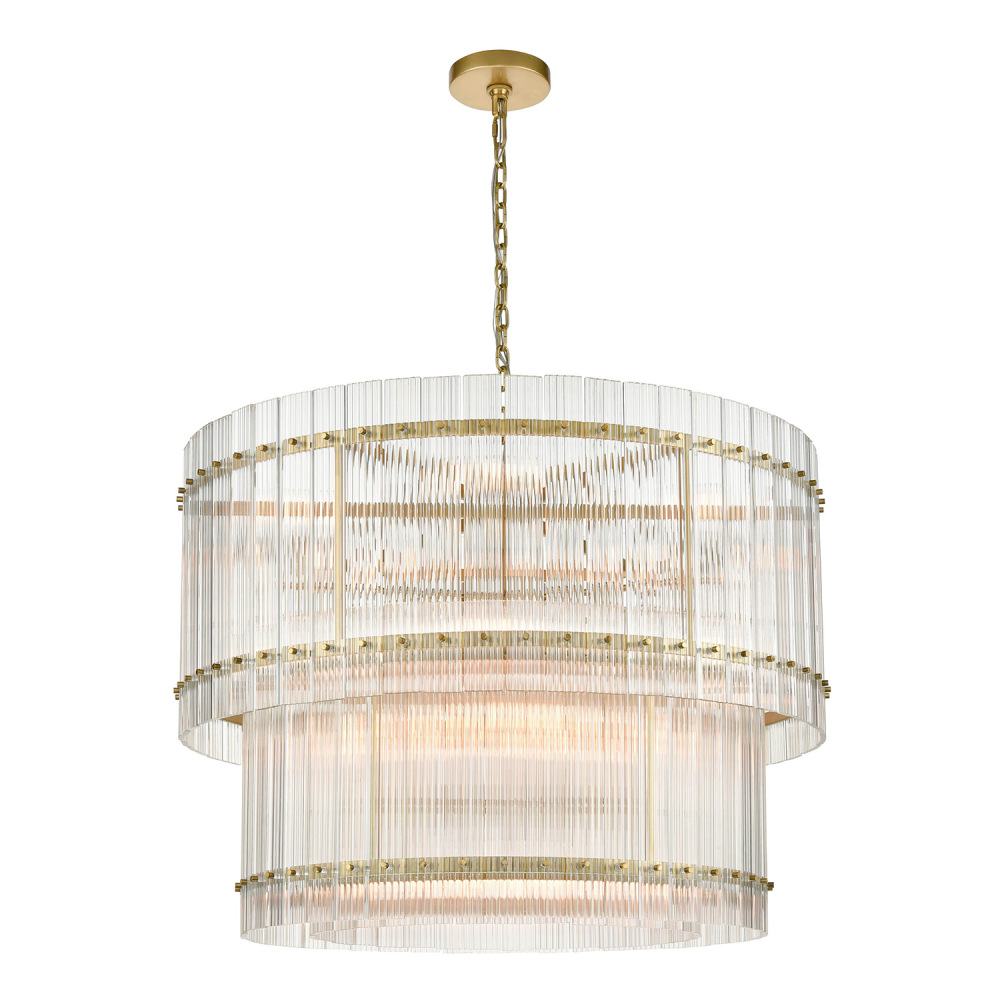 Allure 30" 16-Light, Fluted Glass 2-Tier Drum Chandelier in Aged Brass