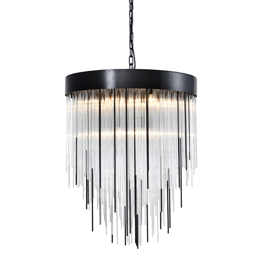Waterfall 30" 12-Light, Round Glass Chandelier in Satin Brushed Black