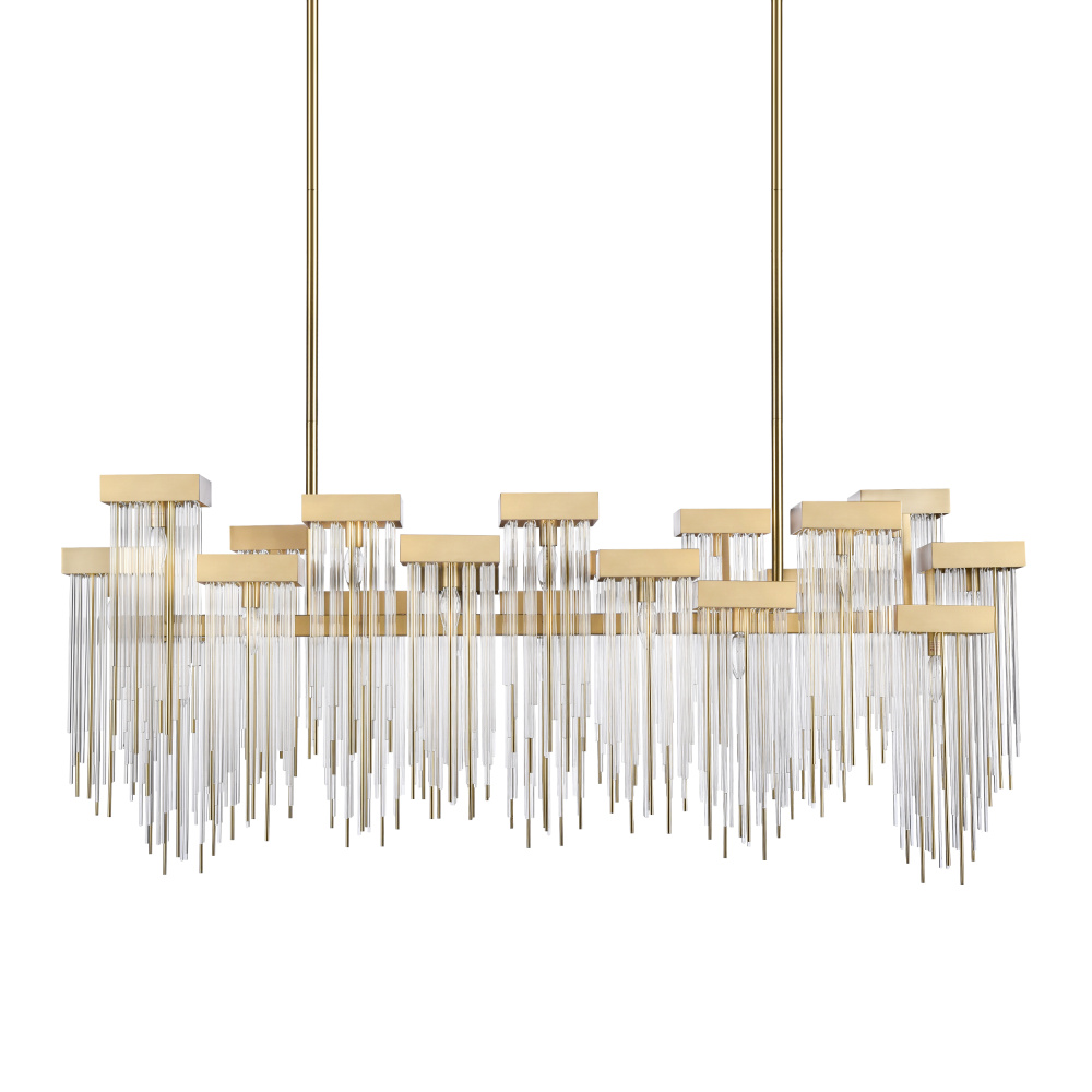 Waterfall 60" 20-Light, Cityscape Glass Chandelier in Aged Brass