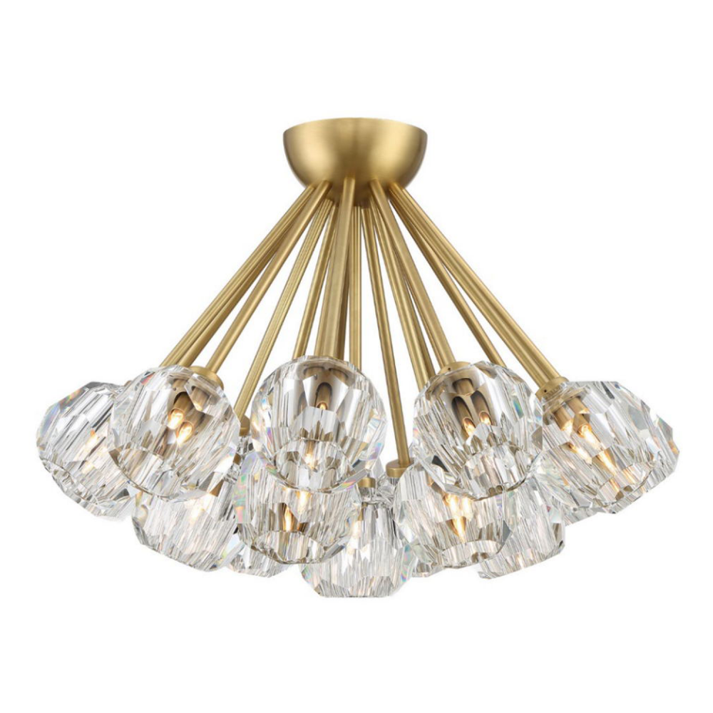 Parisian 24" 18-Light, Crystal Cluster Semi-Flush in Aged Brass