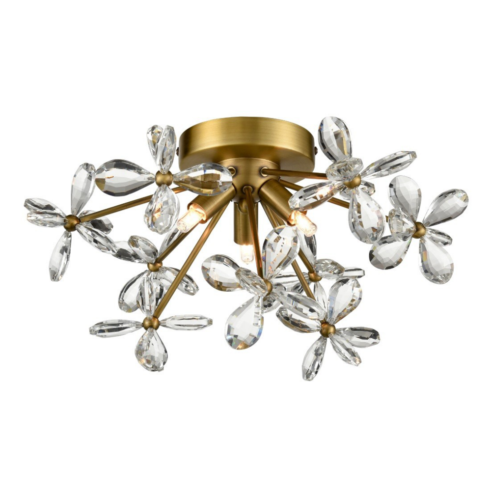 3-Light Floral Crystal Pedal Sputnik Aged Brass Flush Mount