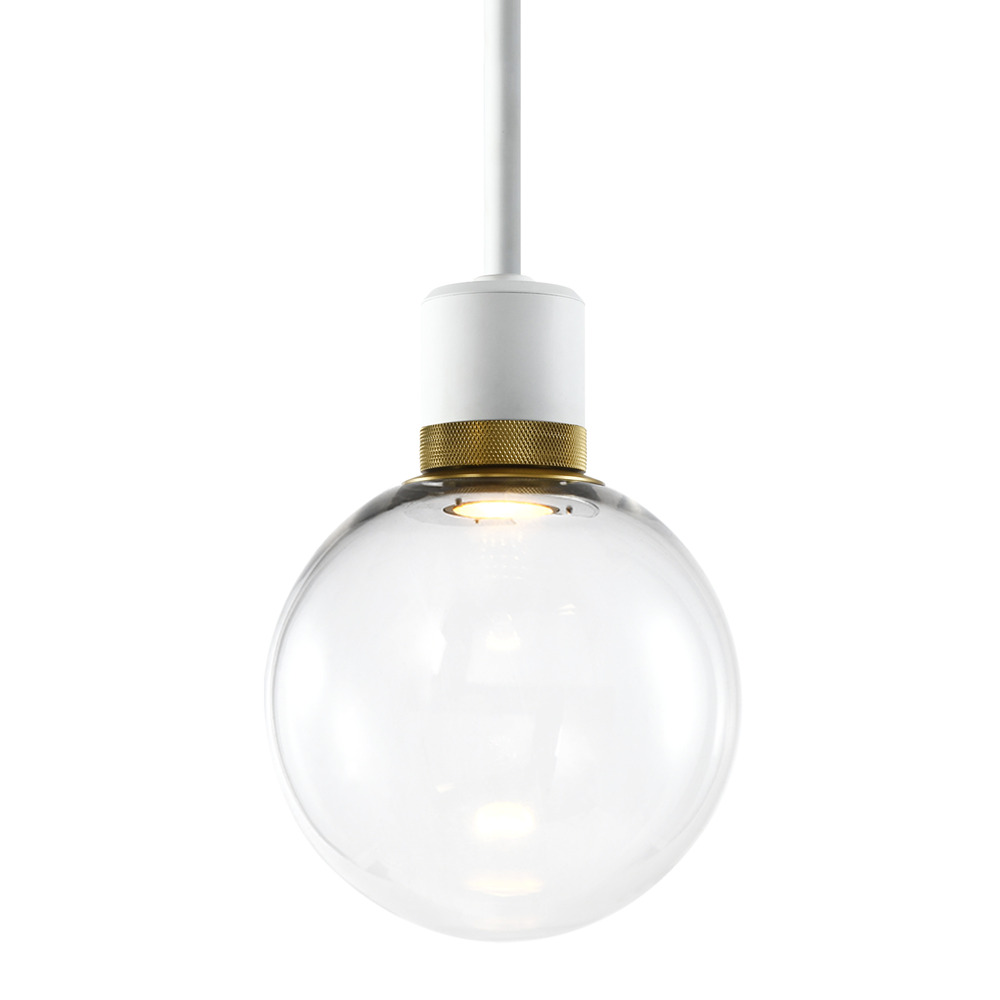 Zigrina Globe Glass LED Pendant in White and Brass Knurled Ring