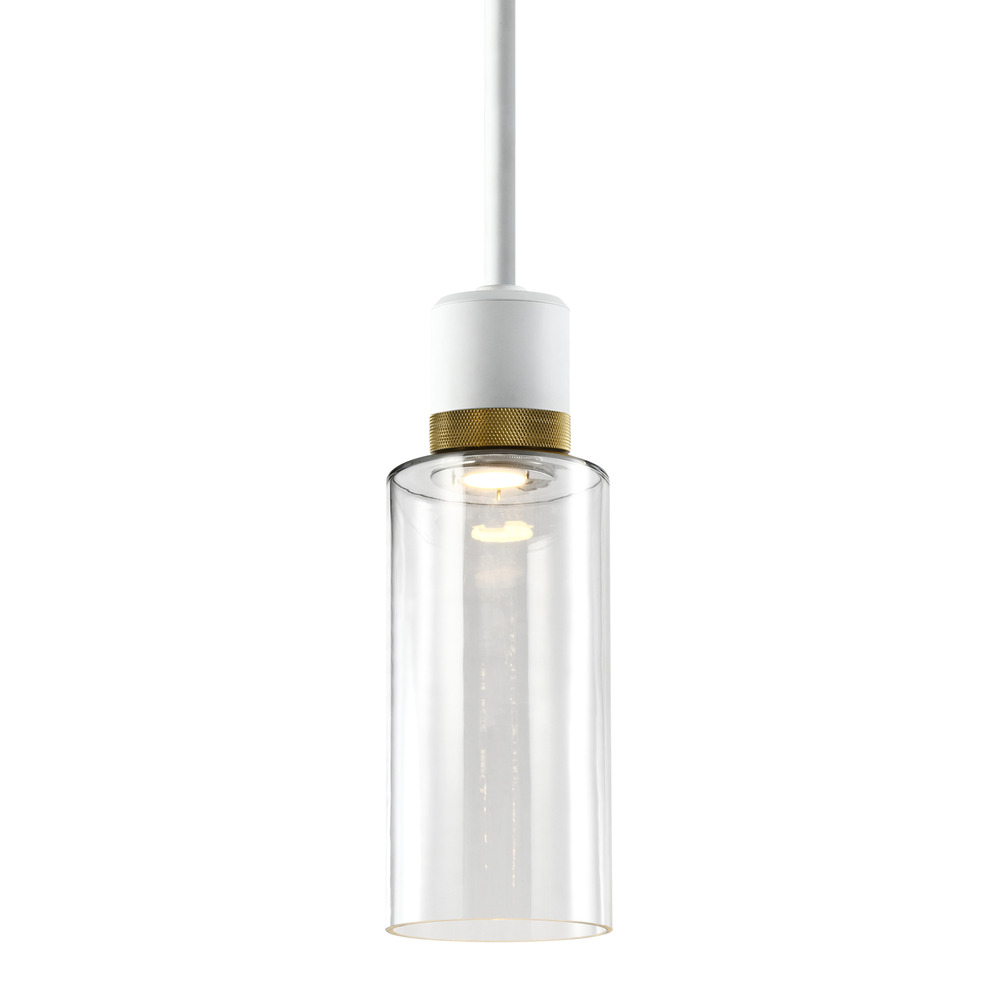 Zigrina 12" Glass Drum LED Pendant in White and Brass Knurled Ring