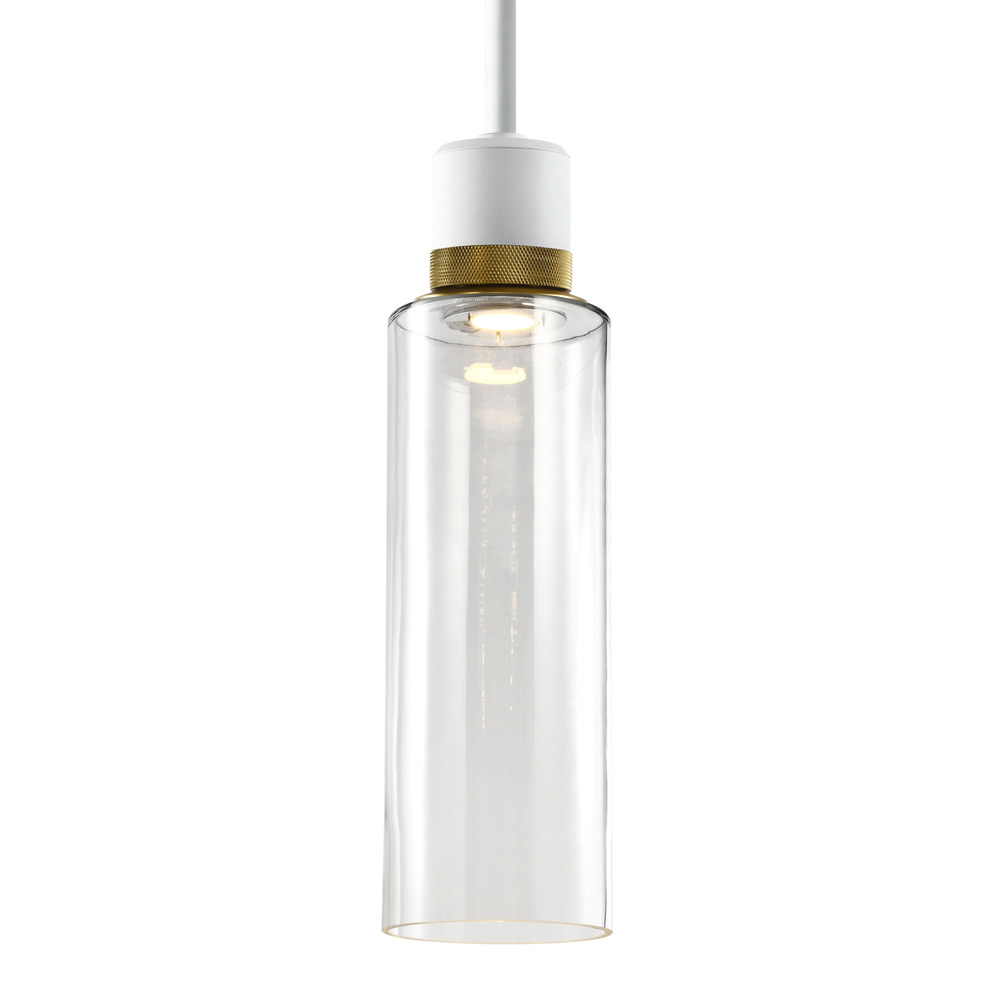 Zigrina 18" Glass Drum LED Pendant in White and Brass Knurled Ring