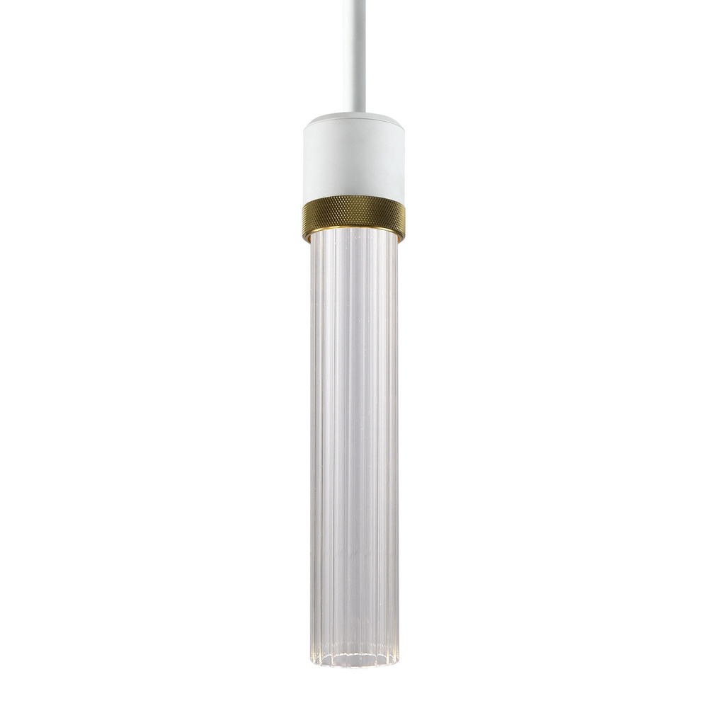 Zigrina 12" Fluted Glass LED Pendant in White and Brass Knurled Ring