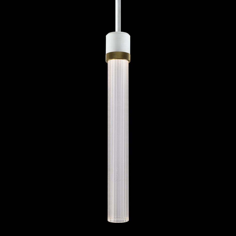 3" LED 3CCT Cylindrical Pendant Light, 18" Fluted Glass and Matte White with Aged Brass Fini