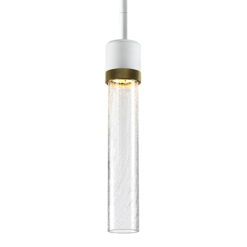 Zigrina 12" Crackled Glass LED Pendant in White and Brass Knurled Ring