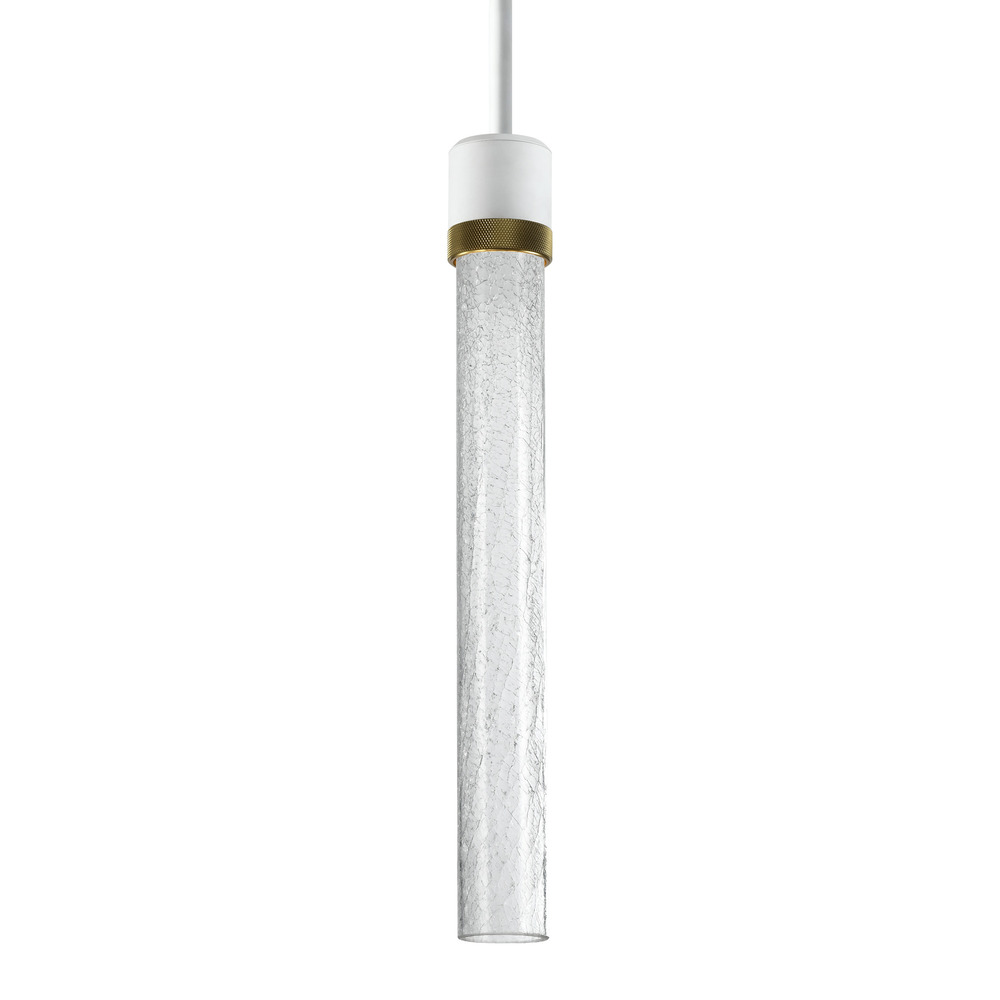 Zigrina 18" Crackled Glass LED Pendant in White and Brass Knurled Ring