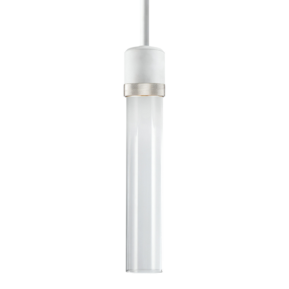 Zigrina 12" Clear Glass LED Pendant in Matte White and Aged Nickel Knurl Ring
