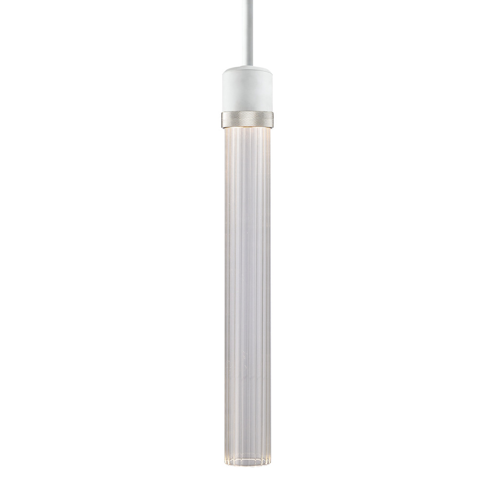 Zigrina 18" Fluted Glass LED Pendant in White and Nickel Knurled Ring