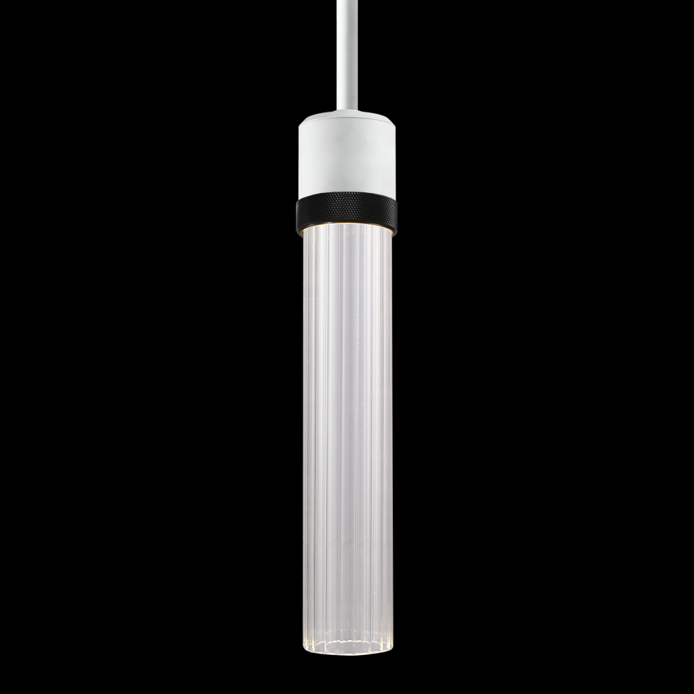 3" LED 3CCT Cylindrical Pendant Light, 12" Fluted Glass and Matte White with Black Finish