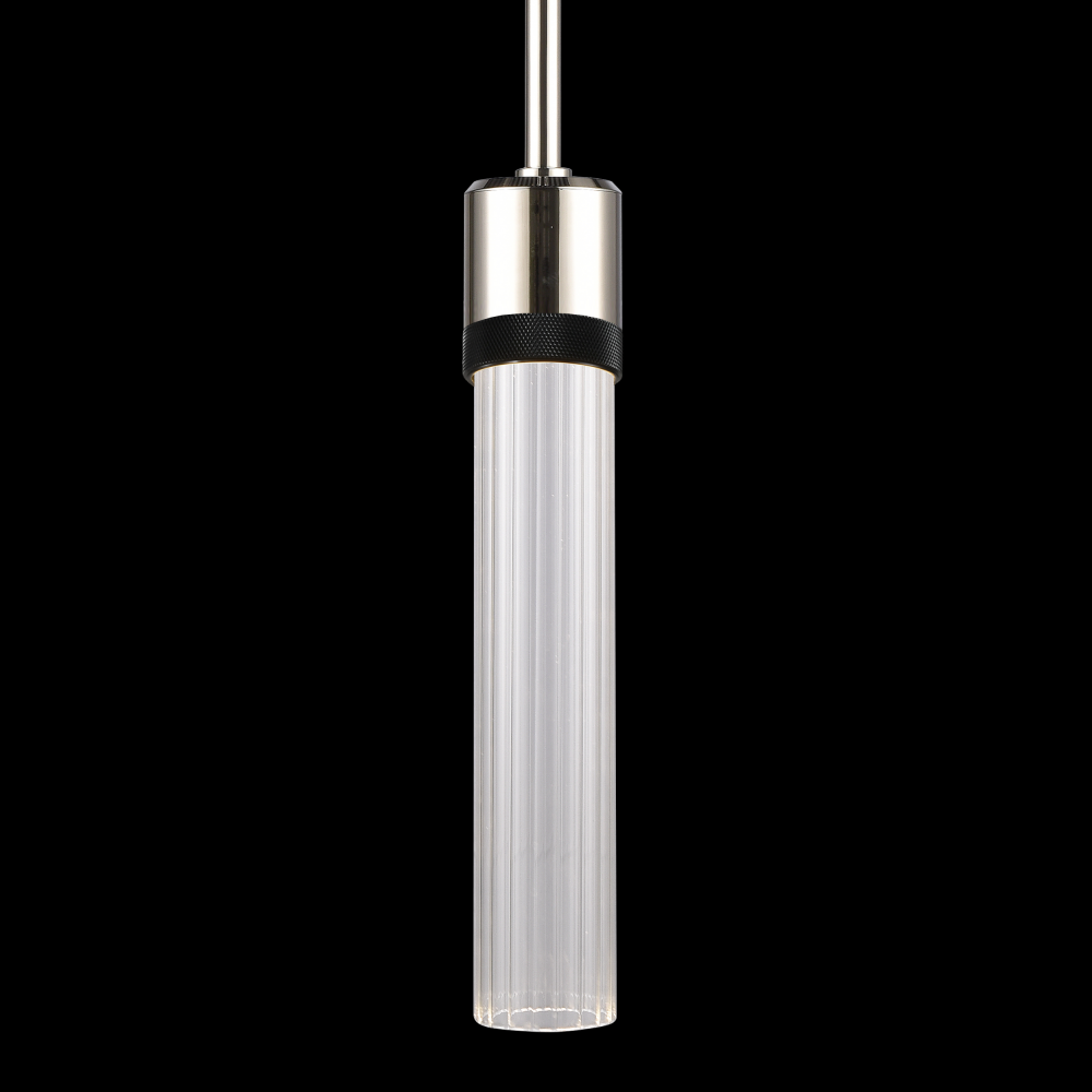 3" LED 3CCT Cylindrical Pendant Light, 12" Fluted Glass and Polished Nickel with Black Finis