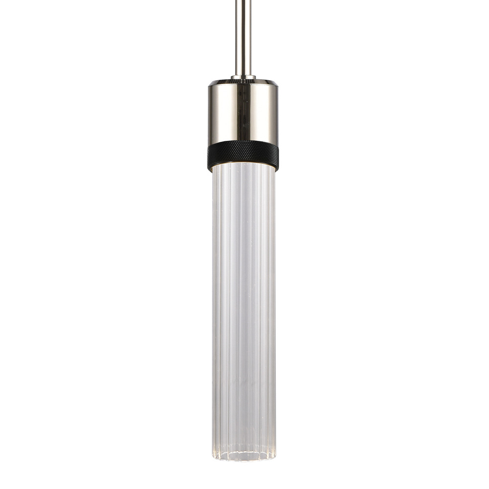 Zigrina 12" Fluted Glass LED Pendant in Nickel and Black Knurled Ring